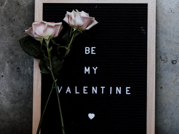 Roses by a sign that says "Be My Valentine"